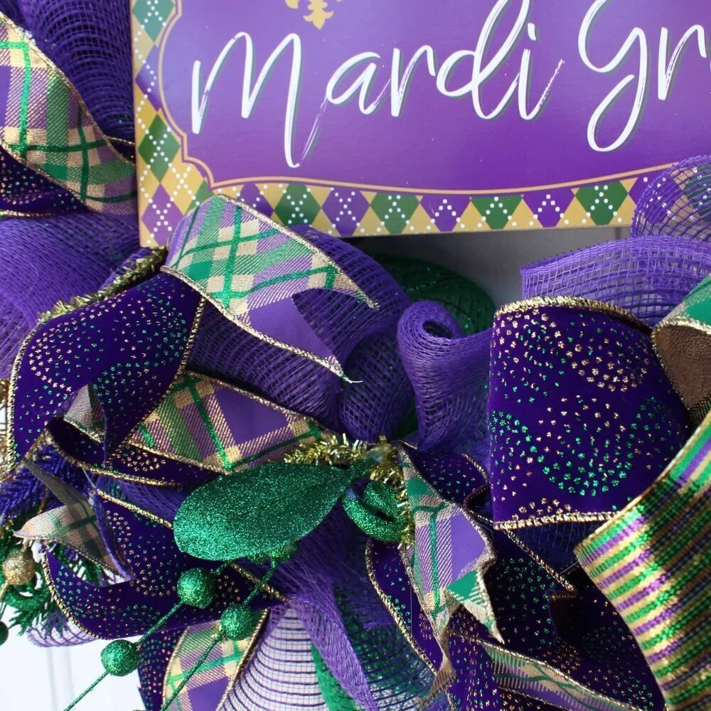 Mardi Gras Wreath for Front Door, Fat Tuesday Decor, Fleur de Lis Decor, Happy M